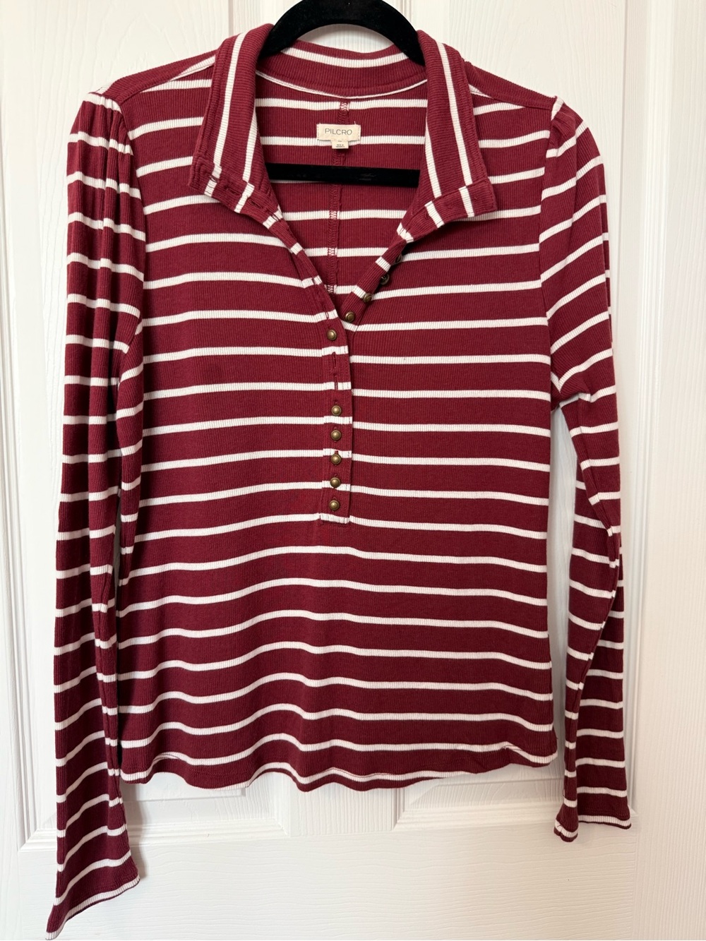Pilcro Burgundy and White Striped Long-Sleeve Polo Henley